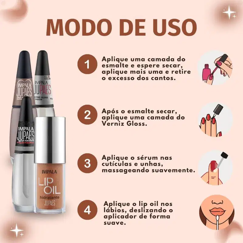 Kit Impala Ju Paes Virando O Jogo Peça Rara: Esmalte, Verniz Gloss, Sérum e Lip Oil