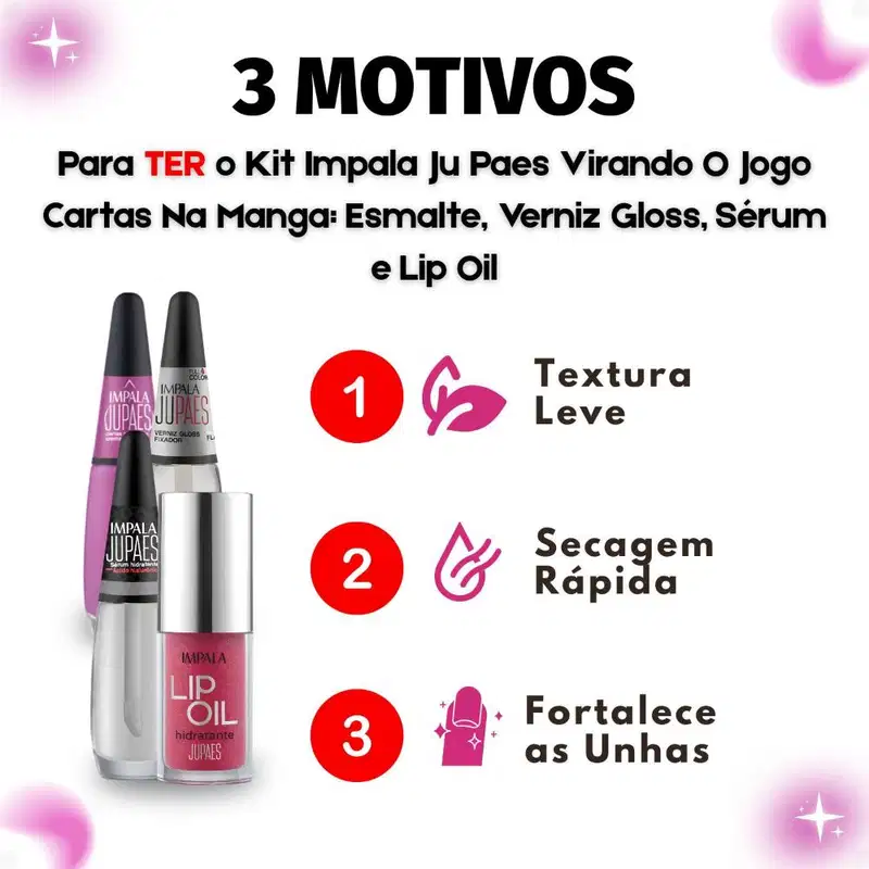 Kit Impala Ju Paes Virando O Jogo Cartas Na Manga: Esmalte, Verniz Gloss, Sérum e Lip Oil