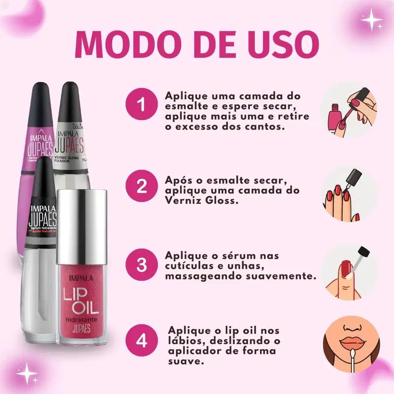 Kit Impala Ju Paes Virando O Jogo Cartas Na Manga: Esmalte, Verniz Gloss, Sérum e Lip Oil