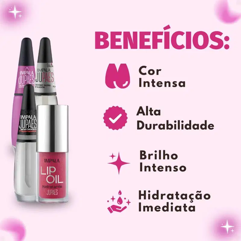 Kit Impala Ju Paes Virando O Jogo Cartas Na Manga: Esmalte, Verniz Gloss, Sérum e Lip Oil
