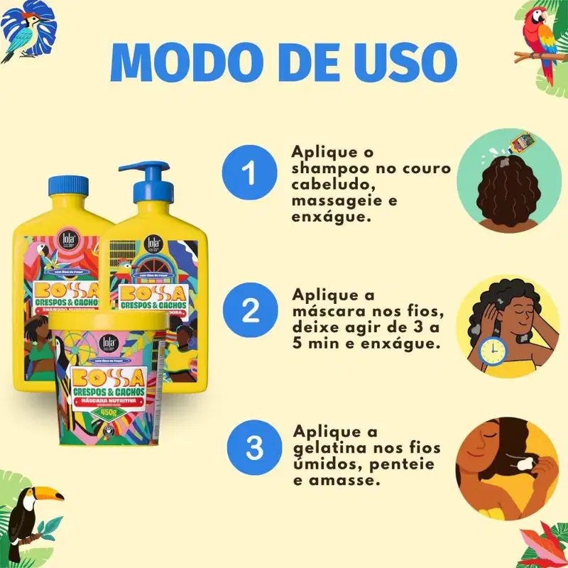 Kit Lola Bossa Crespos e Cachos: Shampoo 500ml, Máscara 450g e Gelatina Capilar 500g