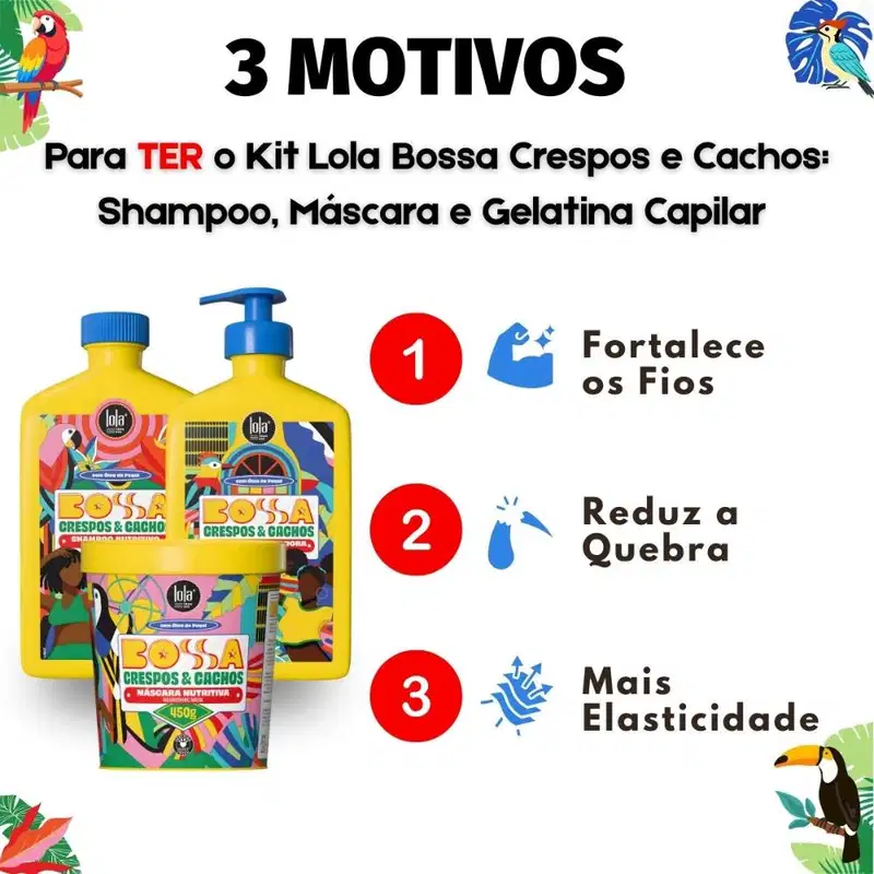 Kit Lola Bossa Crespos e Cachos: Shampoo 500ml, Máscara 450g e Gelatina Capilar 500g