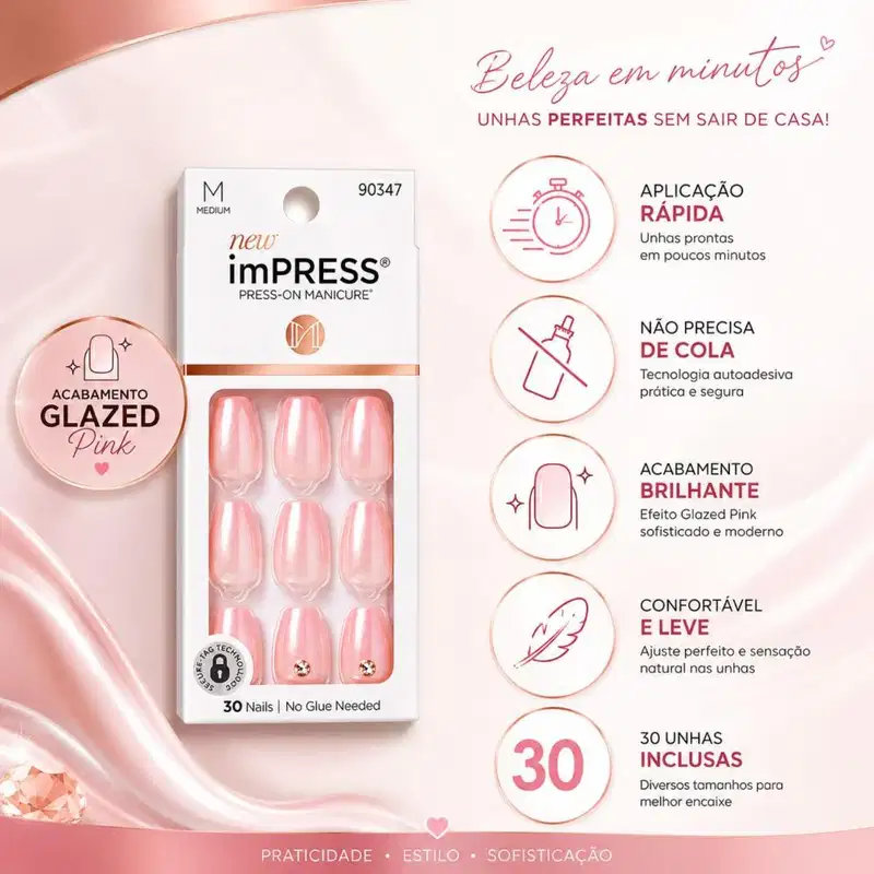 Unhas Postiças imPress Kiss Ny Glazed Pink IMM30