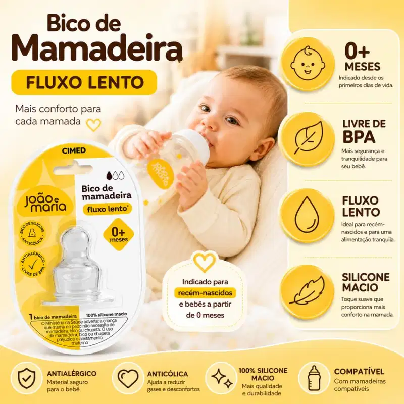 Bico de Silicone Para Mamadeira Cimed João e Maria Fluxo Lento 0+ Meses