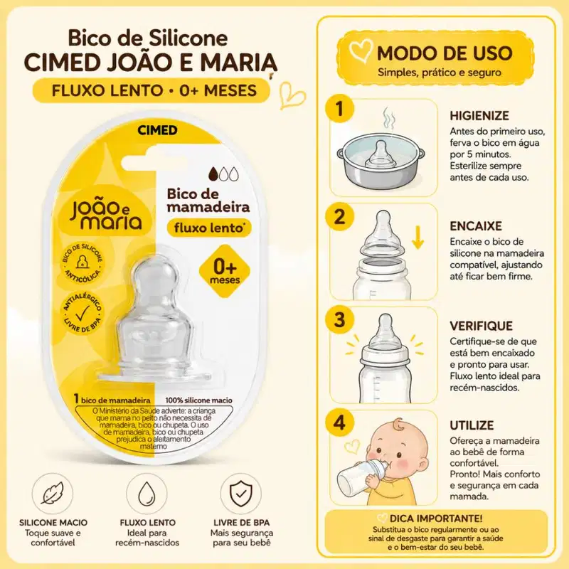 Bico de Silicone Para Mamadeira Cimed João e Maria Fluxo Lento 0+ Meses