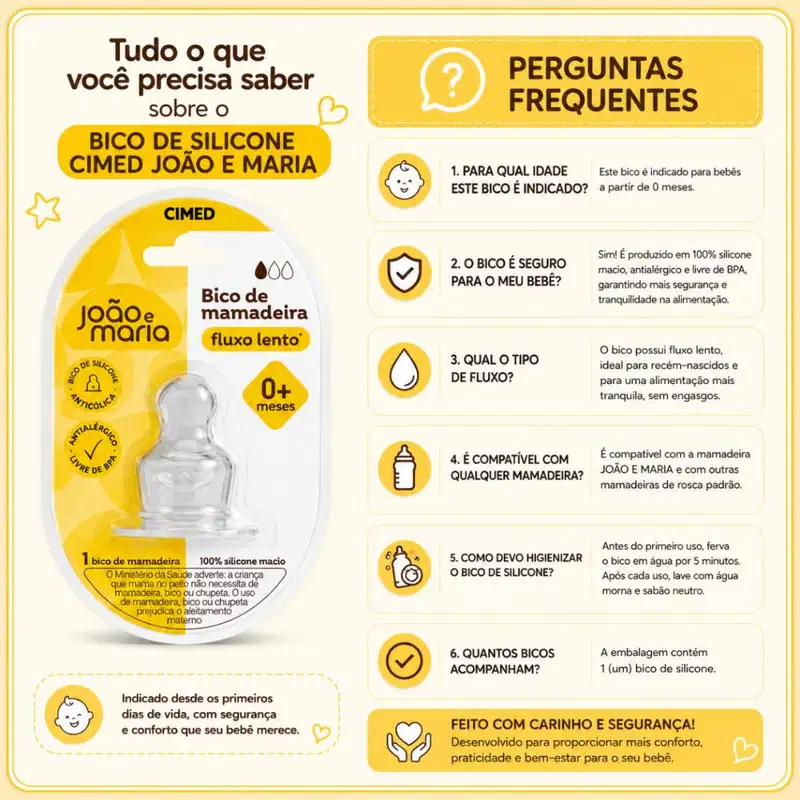 Bico de Silicone Para Mamadeira Cimed João e Maria Fluxo Lento 0+ Meses