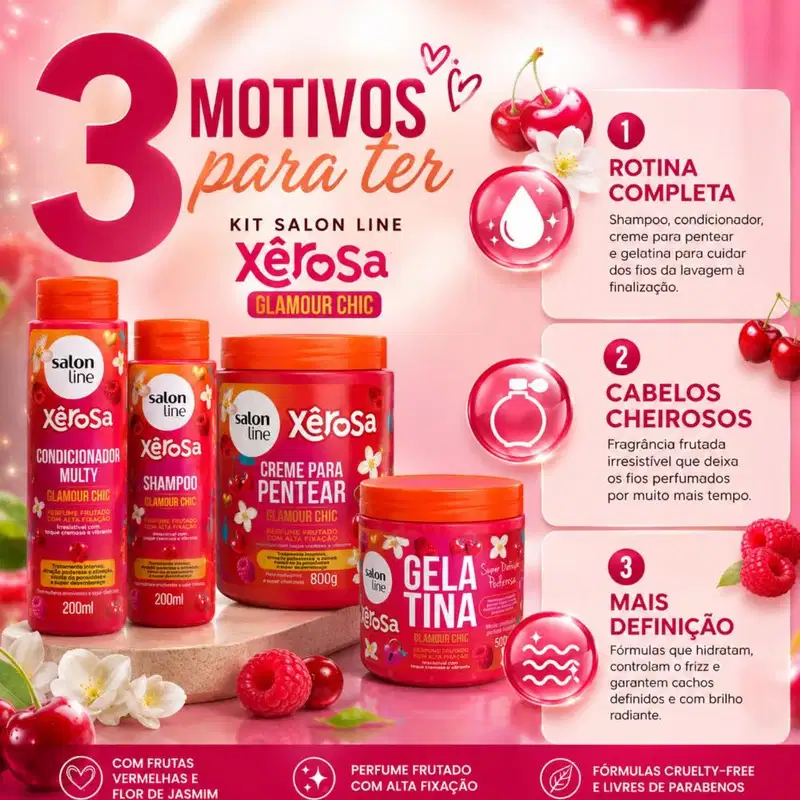 Kit Salon Line Xêrosa Glamour Chic: Shampoo 300ml, Condicionador Multy 200ml, Creme Para Pentear 800g e Gelatina Capilar 500g