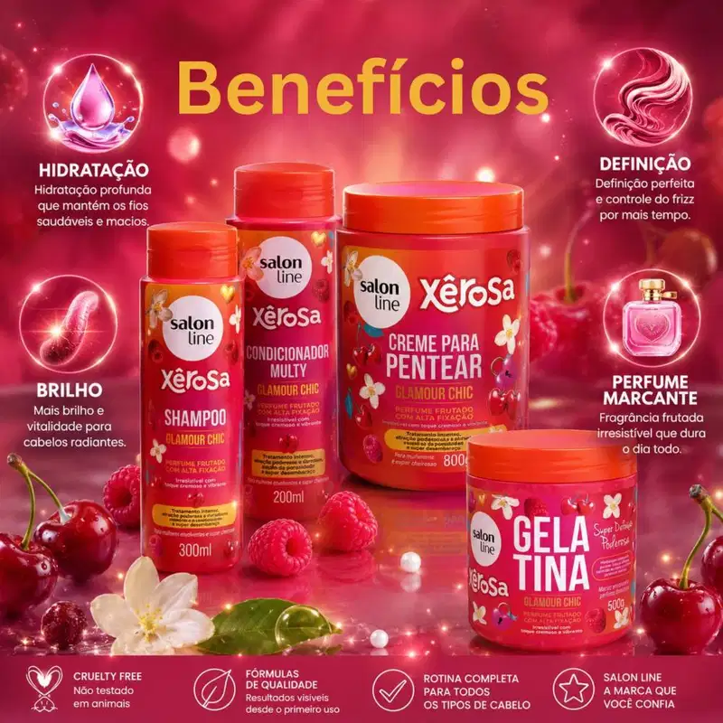Kit Salon Line Xêrosa Glamour Chic: Shampoo 300ml, Condicionador Multy 200ml, Creme Para Pentear 800g e Gelatina Capilar 500g