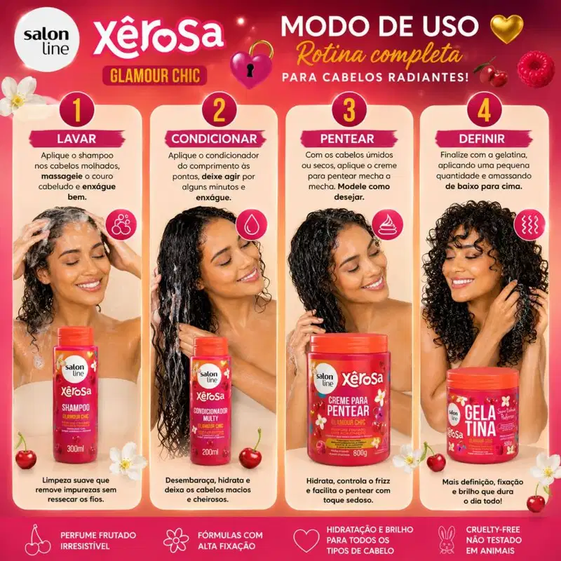Kit Salon Line Xêrosa Glamour Chic: Shampoo 300ml, Condicionador Multy 200ml, Creme Para Pentear 800g e Gelatina Capilar 500g