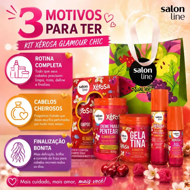 Kit Salon Line Xêrosa Glamour Chic: Shampoo 300ml, Condicionador 200ml, Creme 800g, Gelatina 500g, Óleo Sérum 200ml e Óleo Capilar 60ml + Mimo