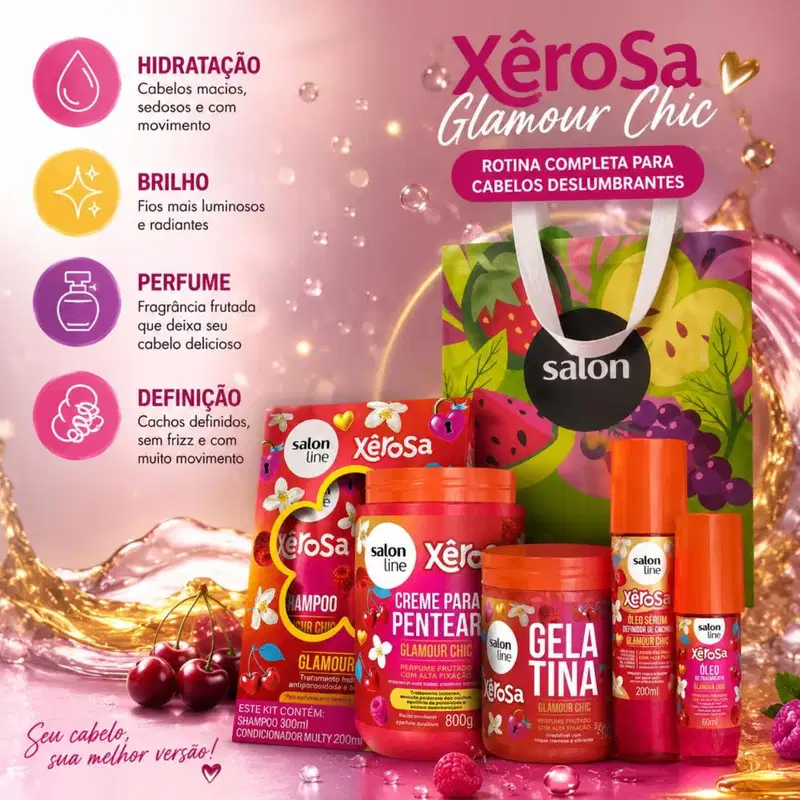 Kit Salon Line Xêrosa Glamour Chic: Shampoo 300ml, Condicionador 200ml, Creme 800g, Gelatina 500g, Óleo Sérum 200ml e Óleo Capilar 60ml + Mimo