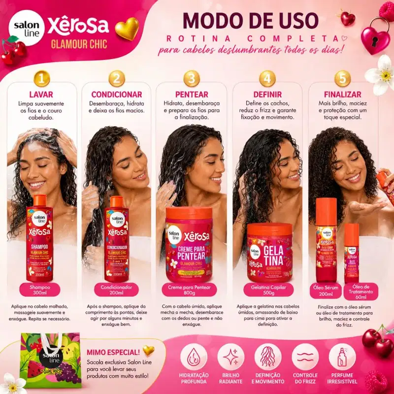 Kit Salon Line Xêrosa Glamour Chic: Shampoo 300ml, Condicionador 200ml, Creme 800g, Gelatina 500g, Óleo Sérum 200ml e Óleo Capilar 60ml + Mimo