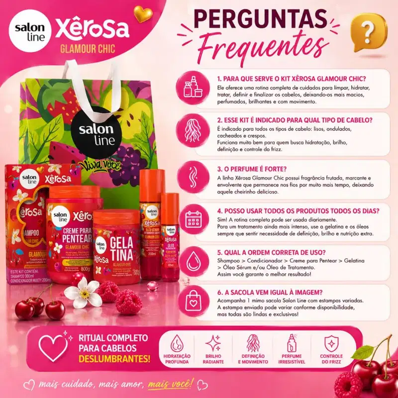 Kit Salon Line Xêrosa Glamour Chic: Shampoo 300ml, Condicionador 200ml, Creme 800g, Gelatina 500g, Óleo Sérum 200ml e Óleo Capilar 60ml + Mimo