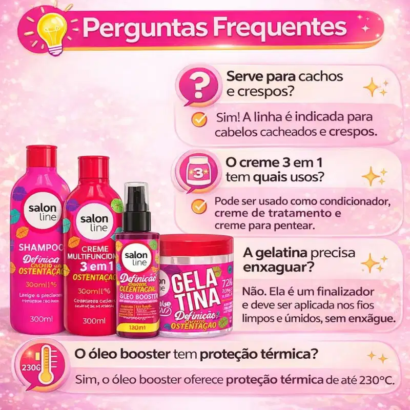 Kit Salon Line Definição Cachos Ostentação: Shampoo e Creme Multifuncional + Gelatina e Óleo Booster