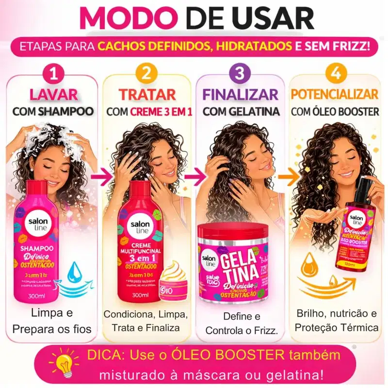Kit Salon Line Definição Cachos Ostentação: Shampoo e Creme Multifuncional + Gelatina e Óleo Booster