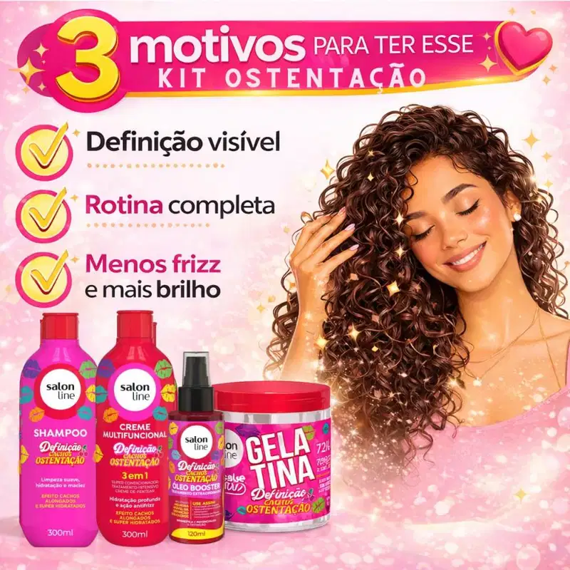Kit Salon Line Definição Cachos Ostentação: Shampoo e Creme Multifuncional + Gelatina e Óleo Booster