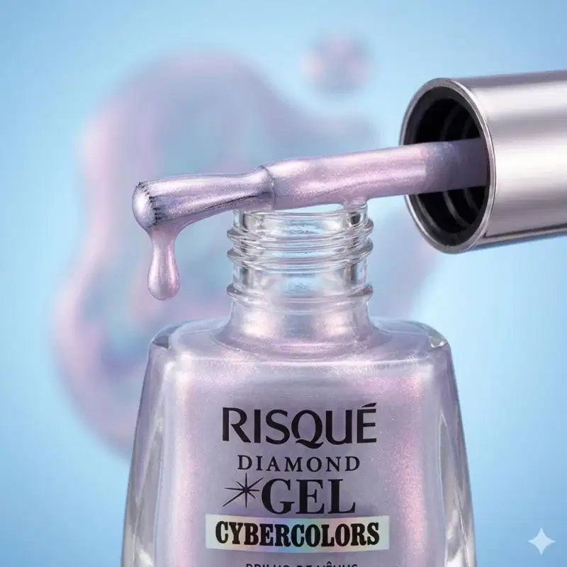 Esmalte Efeito Gel Risqué Diamond Gel Cybercolors 9,5ml Pixelizado Top Coat Fixador