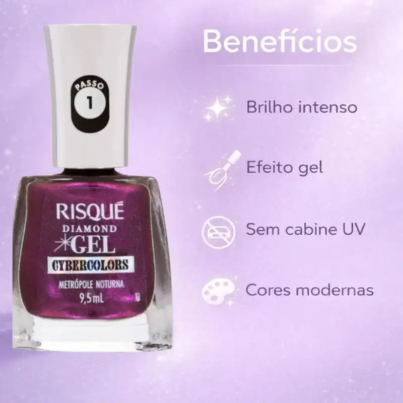Esmalte Efeito Gel Risqué Diamond Gel Cybercolors 9,5ml Pixelizado Top Coat Fixador