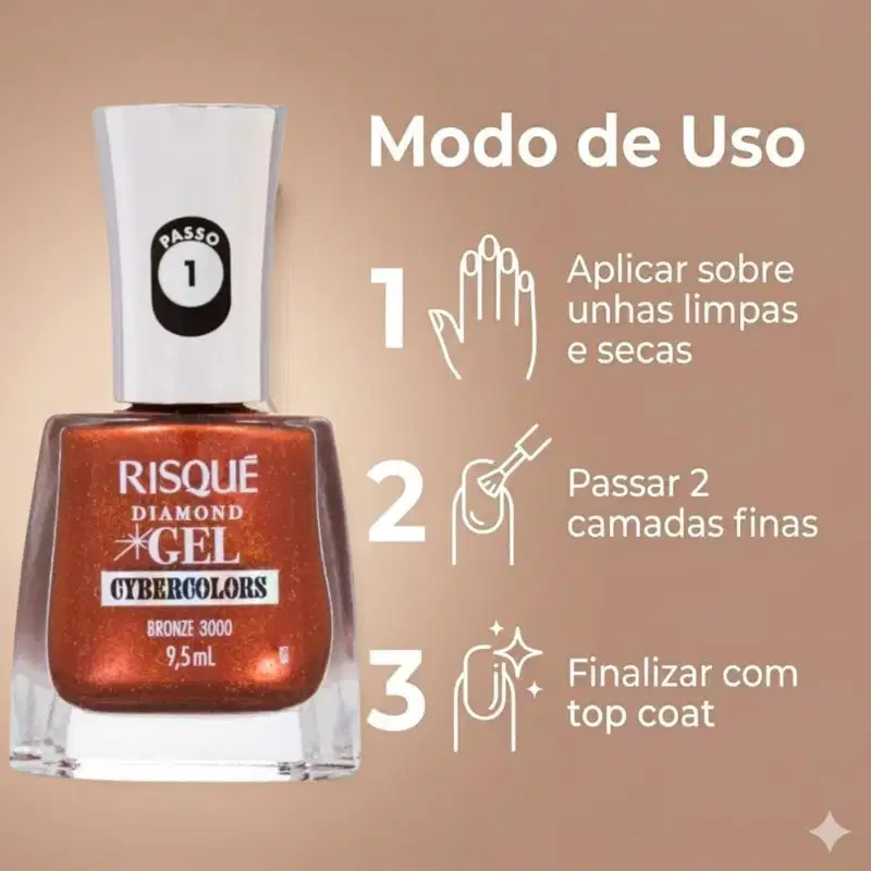 Esmalte Efeito Gel Risqué Diamond Gel Cybercolors 9,5ml Pixelizado Top Coat Fixador