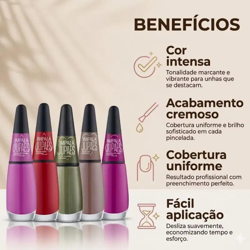 Kit Impala Ju Paes Com 5 Esmaltes Virando o Jogo: Escolha Seu Lado, Peça Rara, Cartas Na Manga, Xeque-Mate e Sorte Lançada