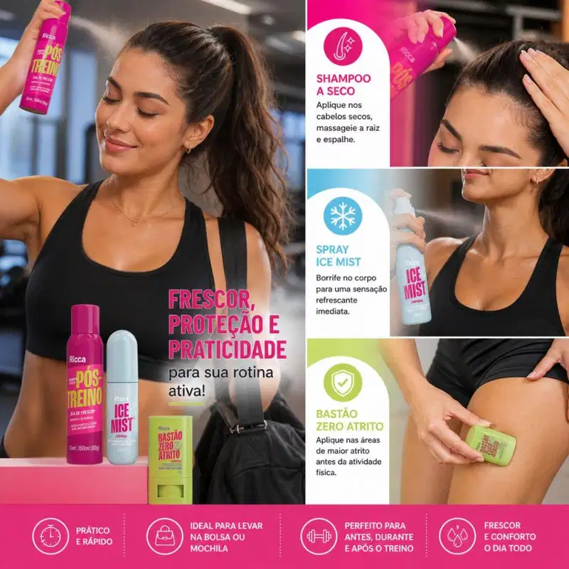 Kit Ricca Treino: Shampoo à Seco 150ml, Spray Corporal Ice Mist 100ml e Bastão Zero Atrito 20g