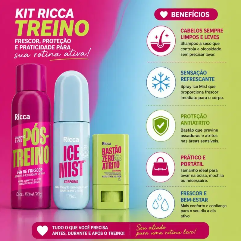 Kit Ricca Treino: Shampoo à Seco 150ml, Spray Corporal Ice Mist 100ml e Bastão Zero Atrito 20g