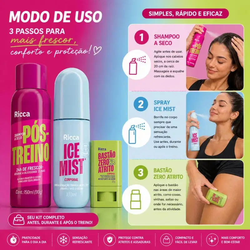 Kit Ricca Treino: Shampoo à Seco 150ml, Spray Corporal Ice Mist 100ml e Bastão Zero Atrito 20g