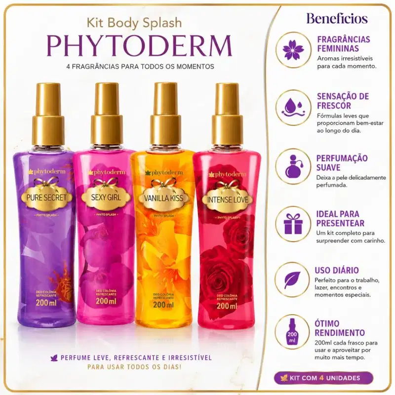 Kit Phytoderm Deo Colônia: Intense Love, Sexy Girl, Pure Secret e Vanilla Kiss 200ml