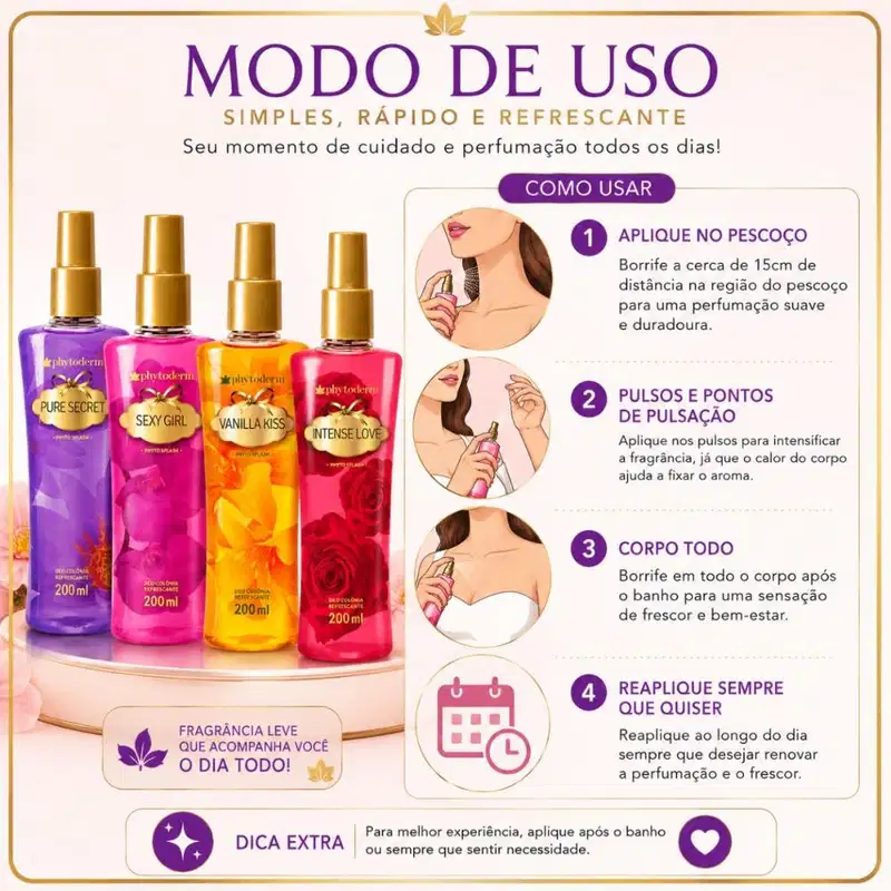Kit Presente Phytoderm Deo Colônia: Intense Love, Sexy Girl, Pure Secret e Vanilla Kiss 200ml e Rosa com Ursinho