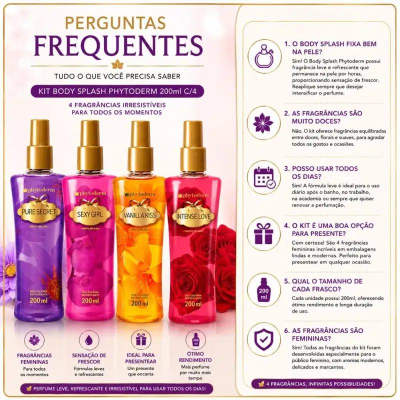 Kit Presente Phytoderm Deo Colônia: Intense Love, Sexy Girl, Pure Secret e Vanilla Kiss 200ml e Rosa com Ursinho