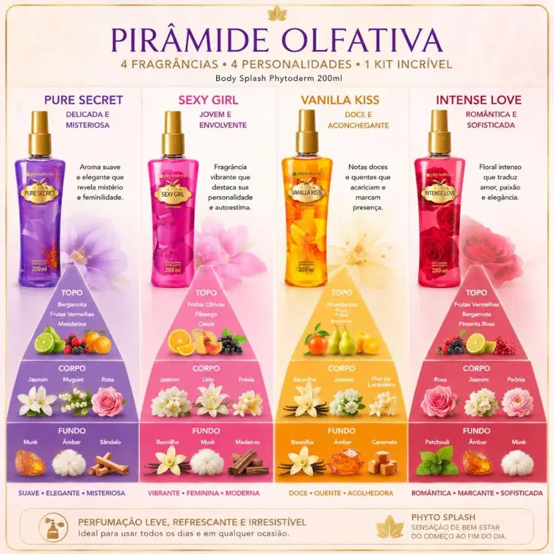 Kit Presente Phytoderm Deo Colônia: Intense Love, Sexy Girl, Pure Secret e Vanilla Kiss 200ml e Rosa com Ursinho