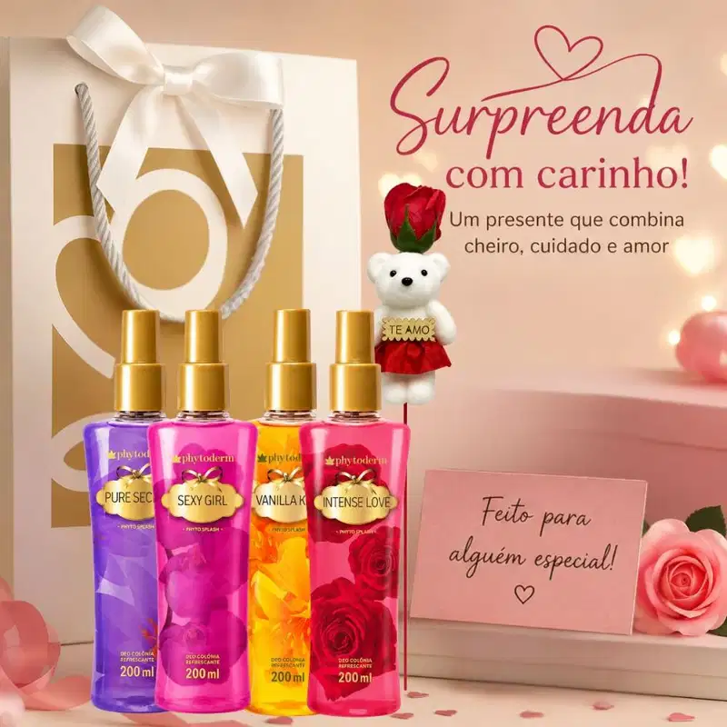Kit Presente Phytoderm Deo Colônia: Intense Love, Sexy Girl, Pure Secret e Vanilla Kiss 200ml e Rosa com Ursinho