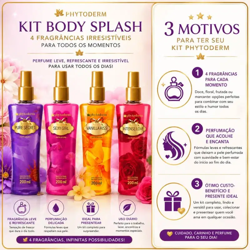Kit Presente Phytoderm Deo Colônia: Intense Love, Sexy Girl, Pure Secret e Vanilla Kiss 200ml e Rosa com Ursinho