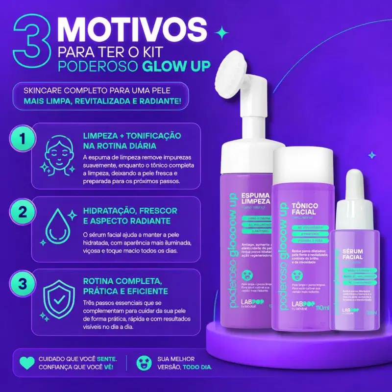 Kit LabPop by Labotrat Poderoso Glow Up: Espuma de Limpeza, Tônico Facial e Sérum