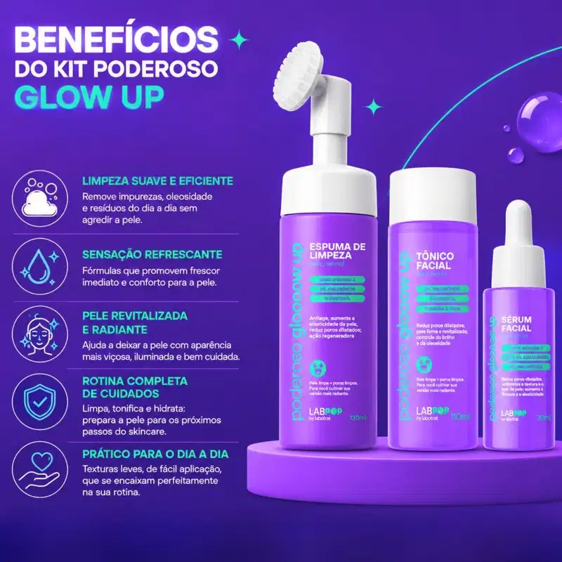 Kit LabPop by Labotrat Poderoso Glow Up: Espuma de Limpeza, Tônico Facial e Sérum