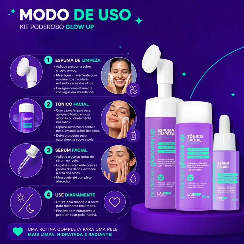 Kit LabPop by Labotrat Poderoso Glow Up: Espuma de Limpeza, Tônico Facial e Sérum