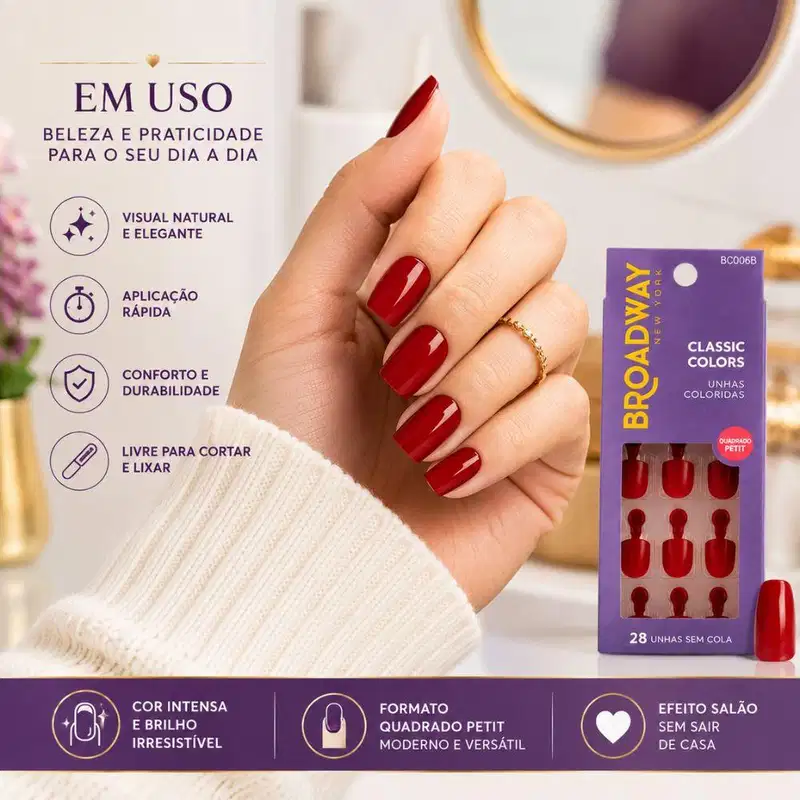 Unhas Postiças Kiss Ny Broadway Classic Colors Quadrado Petit Midnight Bco06b