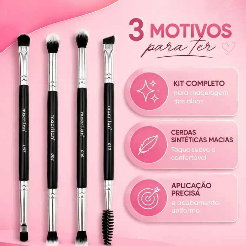 Kit Pincéis Macrilan Ultra Essencial: Corretivo e Precisão, Sombra e Esfumar, Esfumar e Chanfrado com Escova