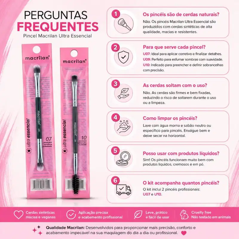 Kit Pincéis Macrilan Ultra Essencial: Corretivo e Precisão, Sombra e Esfumar, Esfumar e Chanfrado com Escova