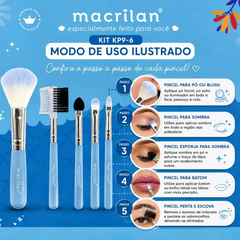 Kit Com 5 Pincéis Para Maquiagem Macrilan Princess Kp9-6 Azul