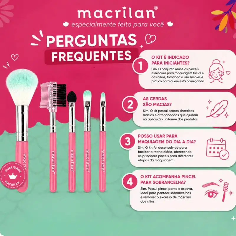 Kit Com 5 Pincéis Para Maquiagem Macrilan Princess Kp9-6 Azul