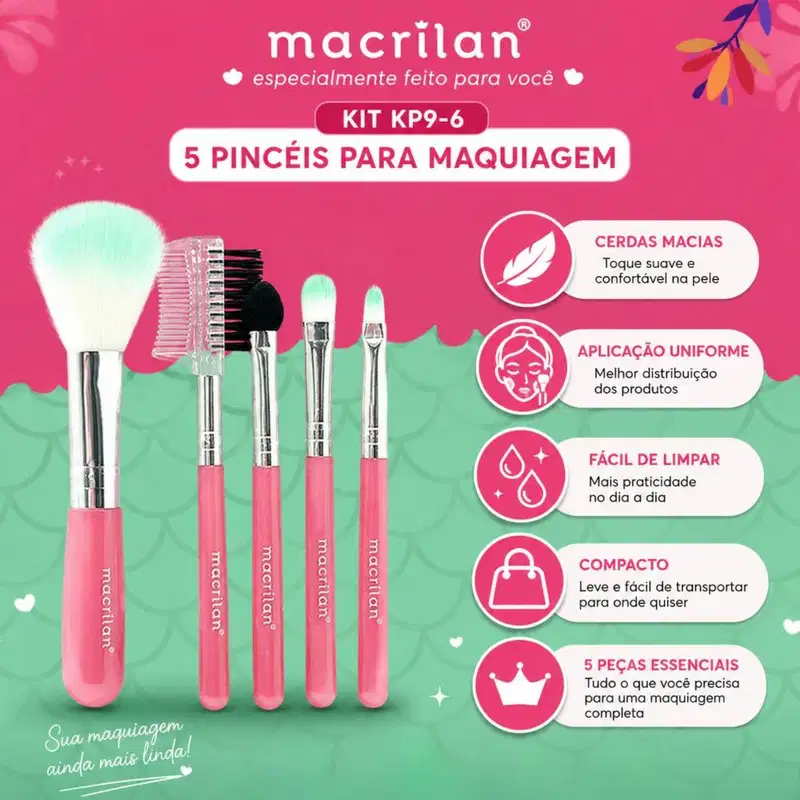 Kit Com 5 Pincéis Para Maquiagem Macrilan Princess Kp9-6 Azul