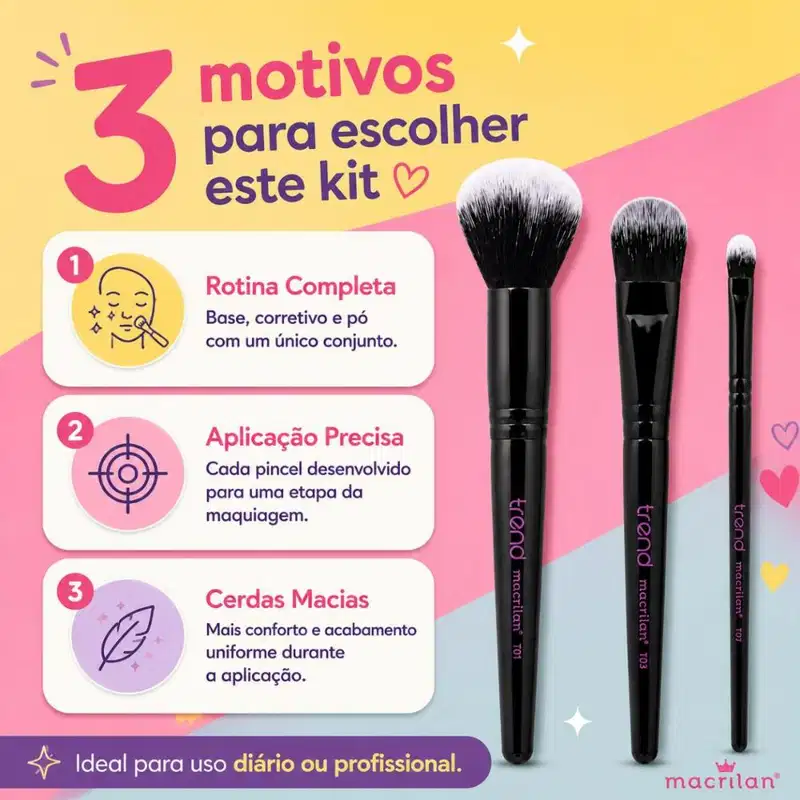 Kit Pincéis Macrilan Trend: Base, Corretivo e Pó