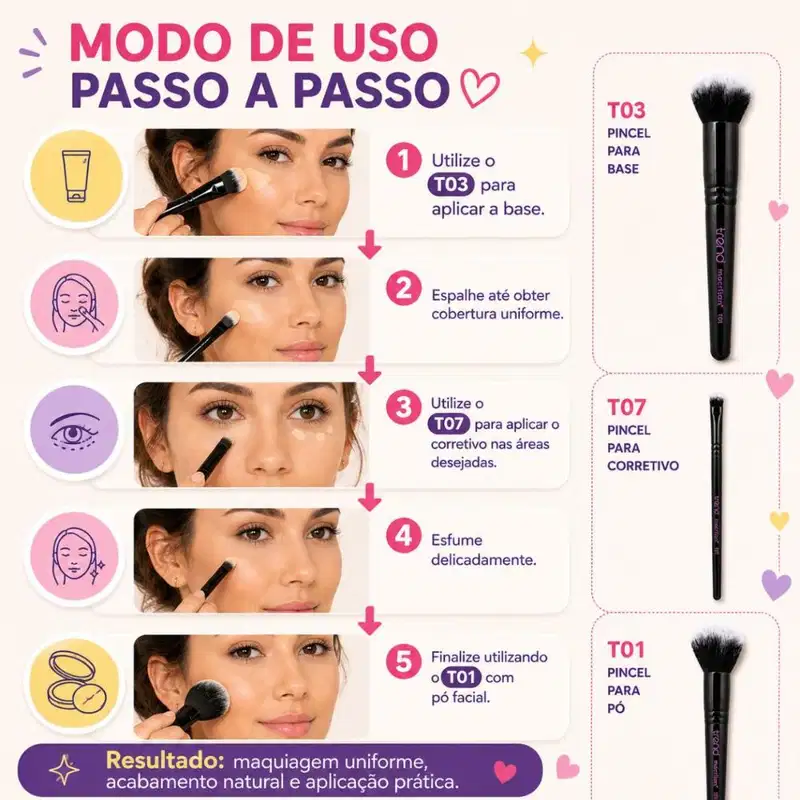 Kit Pincéis Macrilan Trend: Base, Corretivo e Pó