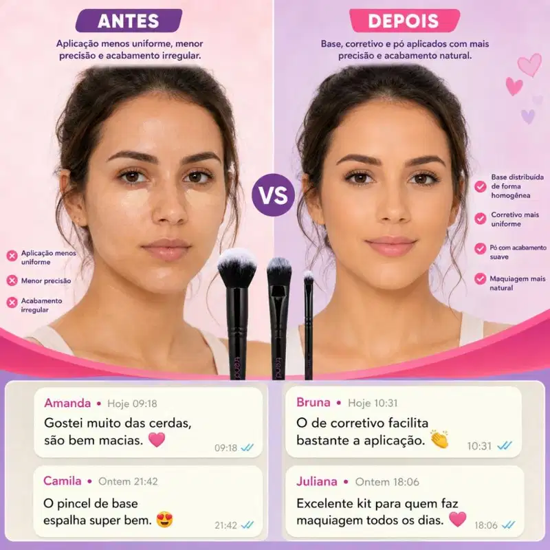Kit Pincéis Macrilan Trend: Base, Corretivo e Pó