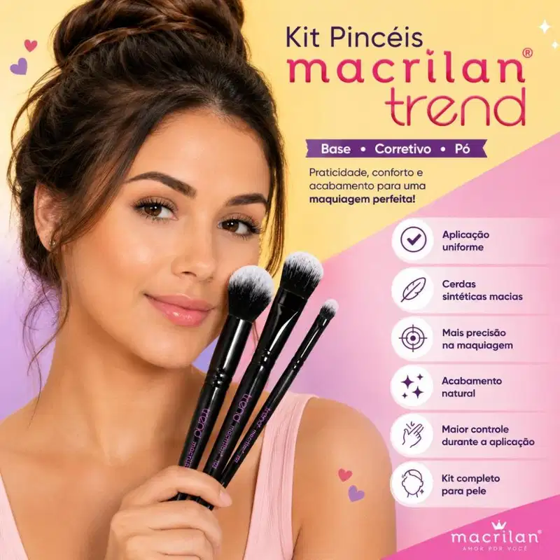 Kit Pincéis Macrilan Trend: Base, Corretivo e Pó