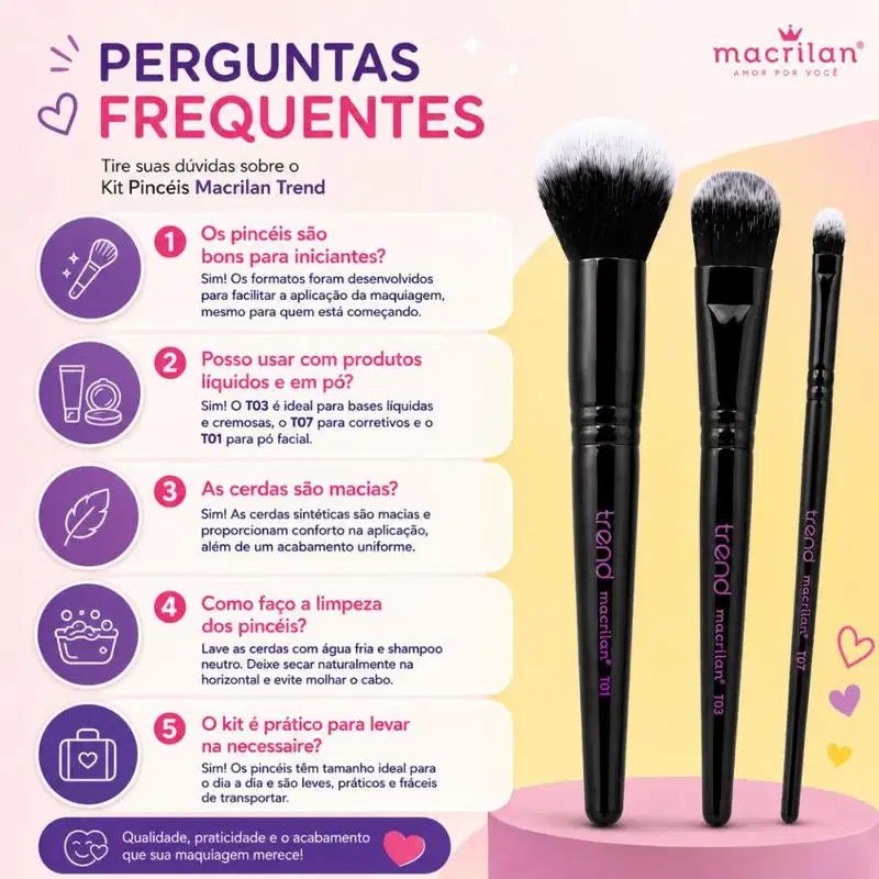 Kit Pincéis Macrilan Trend: Base, Corretivo e Pó