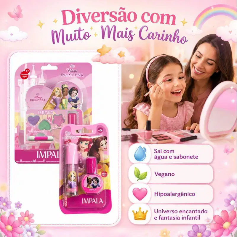 Kit Impala Disney Princesas: Kit De Maquiagem Infantil, Kit Brilho Labial e Esmalte Infantil 6ml