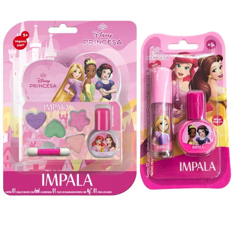 Kit Impala Disney Princesas: Kit De Maquiagem Infantil, Kit Brilho Labial e Esmalte Infantil 6ml