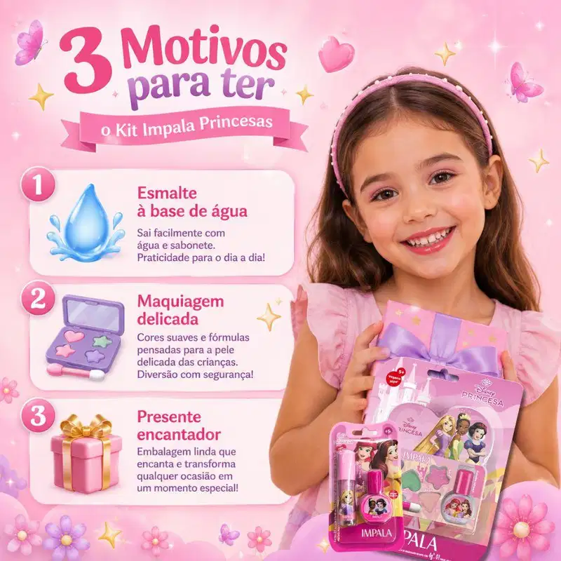 Kit Impala Disney Princesas: Kit De Maquiagem Infantil, Kit Brilho Labial e Esmalte Infantil 6ml